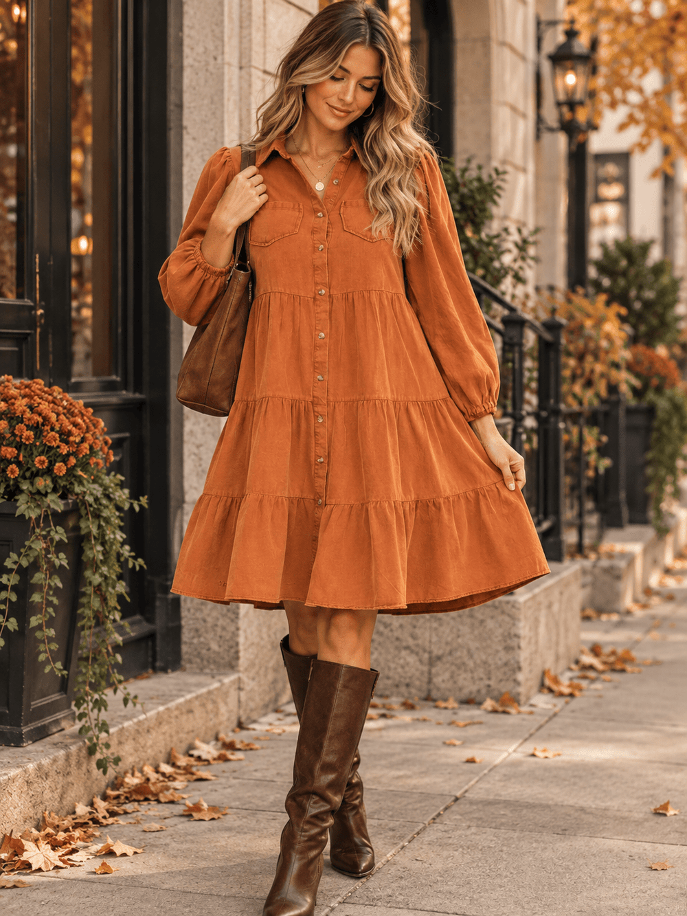 WOMEN'S 3/4 SLEEVE BUTTON UP FRONT POCKETS TIERED MIDI DRESS