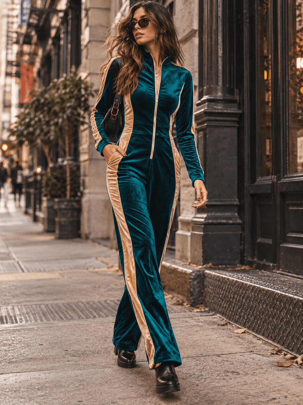 HALFHEART WOMEN'S LONG SLEEVE MOCK NECK POCKETS ZIP UP COLORBLOCK WIDE LEG VELVET JUMPSUIT