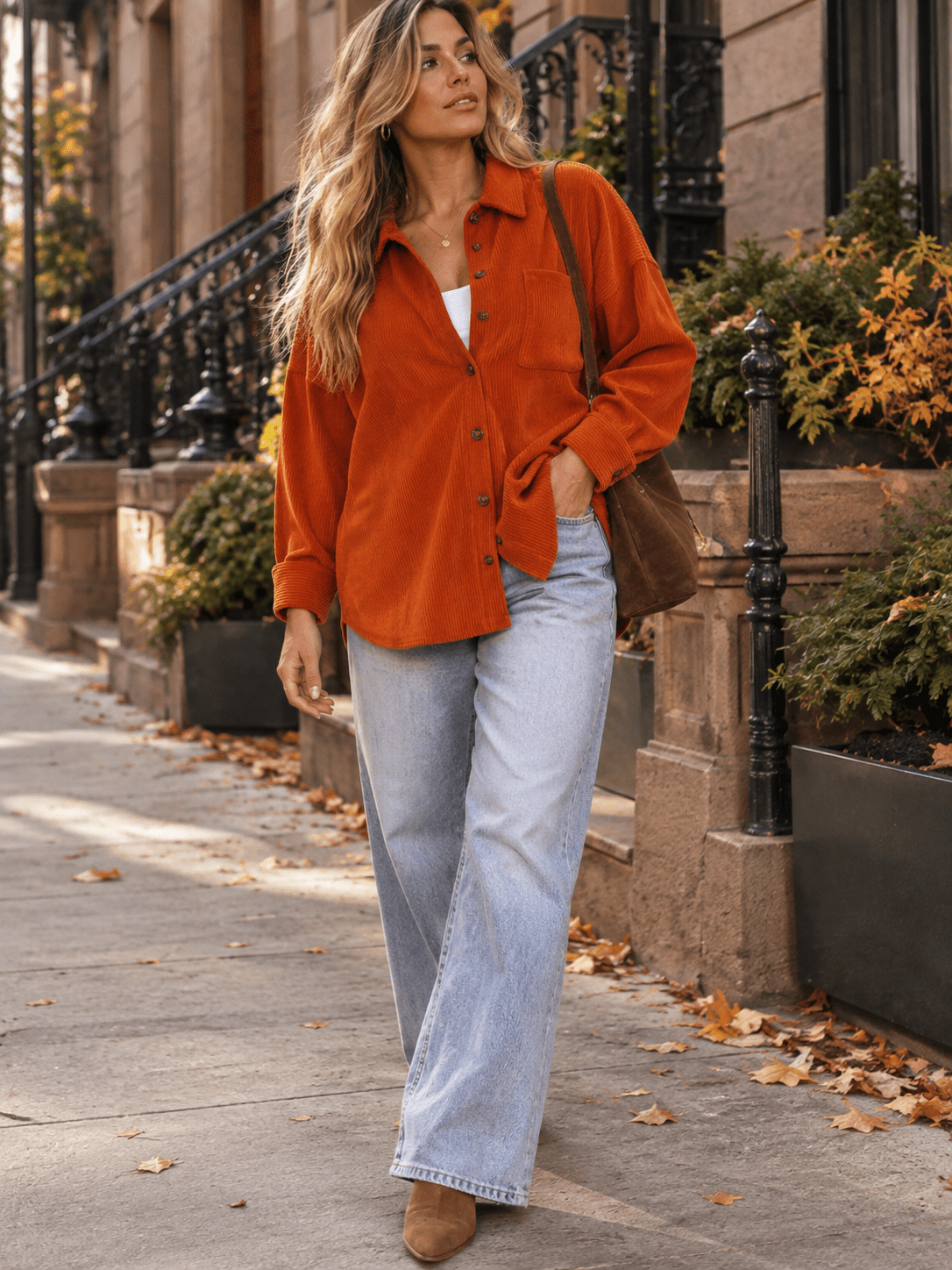 WOMEN'S LONG SLEEVE BUTTON UP FRONT POCKET CORDUROY SHIRT