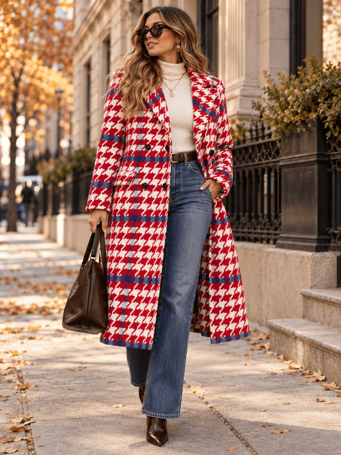 WOMEN'S LONG SLEEVE BUTTON CLOSURE FRONT POCKETS HOUNDSTOOTH PATTERNED COAT