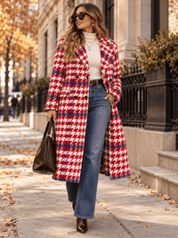 WOMEN'S LONG SLEEVE BUTTON CLOSURE FRONT POCKETS HOUNDSTOOTH PATTERNED COAT