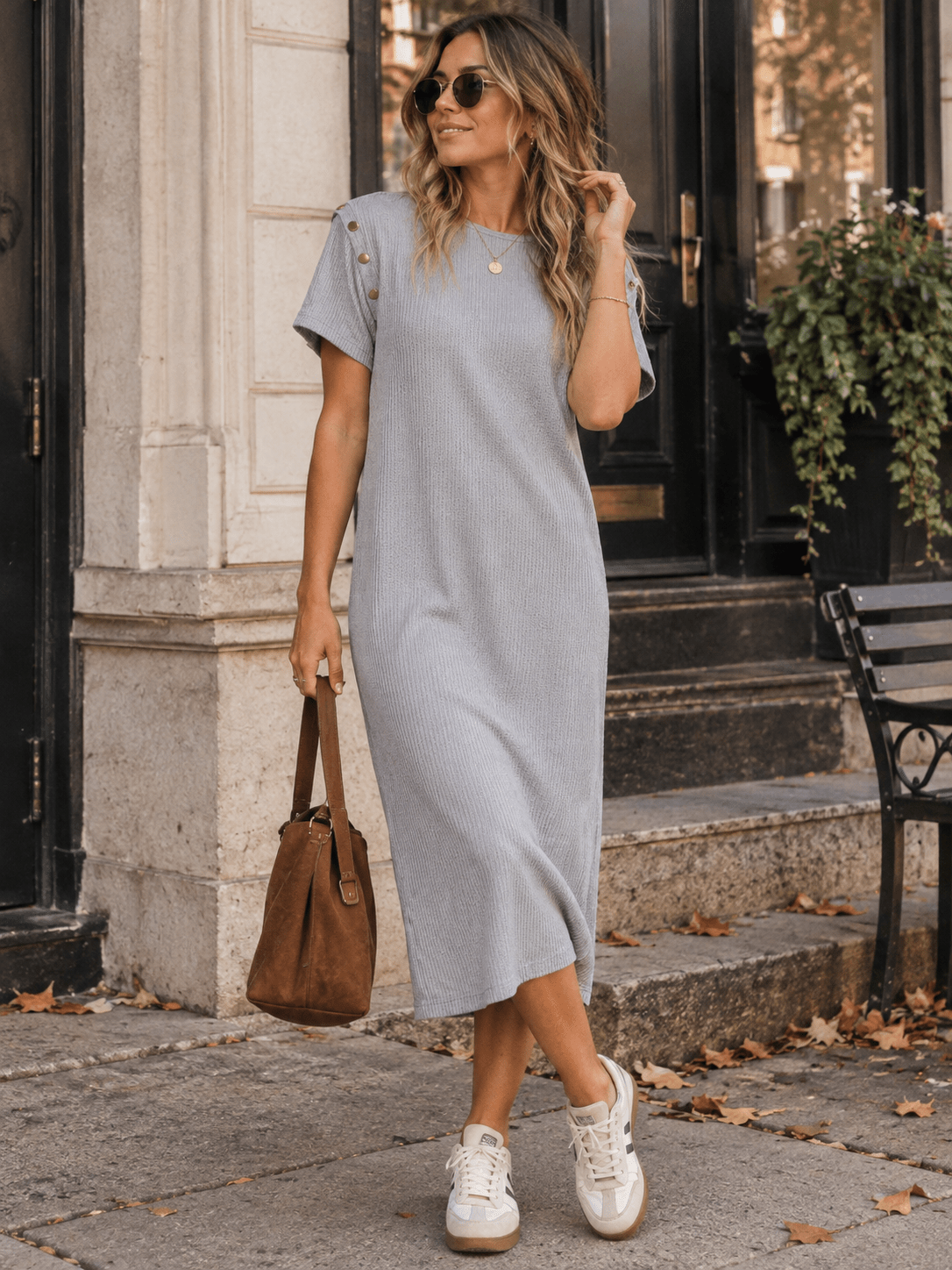 WOMEN'S SHORT REMOVABLE SLEEVES RIBBED SWEATER MIDI DRESS