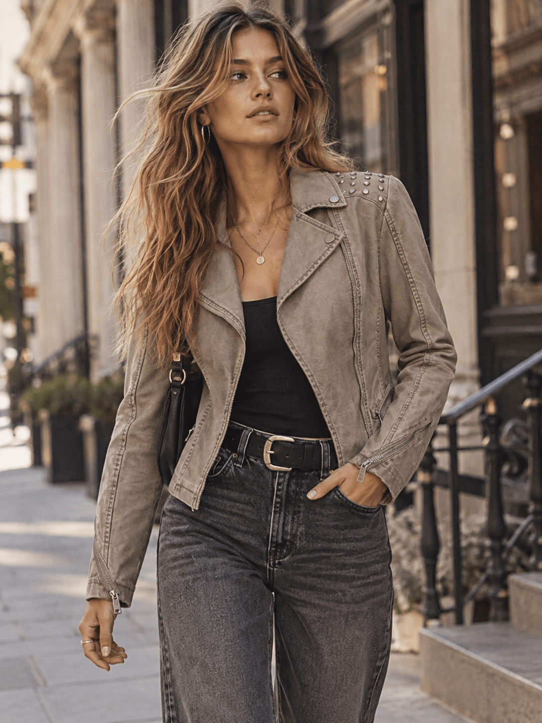 WOMEN'S LONG SLEEVE ZIPPER CLOSURE FRONT POCKETS STUDS PU PLEATHER JACKET