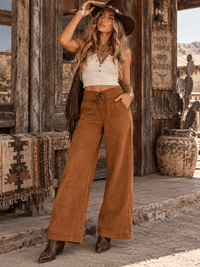 WOMEN'S ZIP UP LACE FRONT POCKETS WIDE LEG SUEDE PANTS