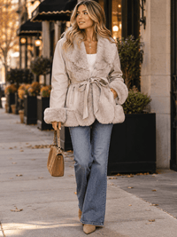 WOMEN'S LONG SLEEVE BUTTON CLOSURE FRONT POCKETS FAUX-FUR JACKET