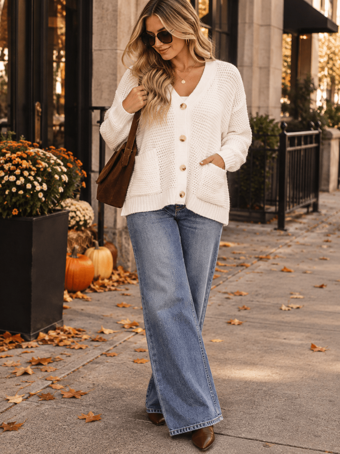 WOMEN'S LONG SLEEVE V-NECK BUTTON UP FRONT POCKETS KNIT SWEATER