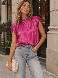 WOMEN'S SHOULDER PADDING MOCK NECK OPEN BACK SATIN BODYSUIT