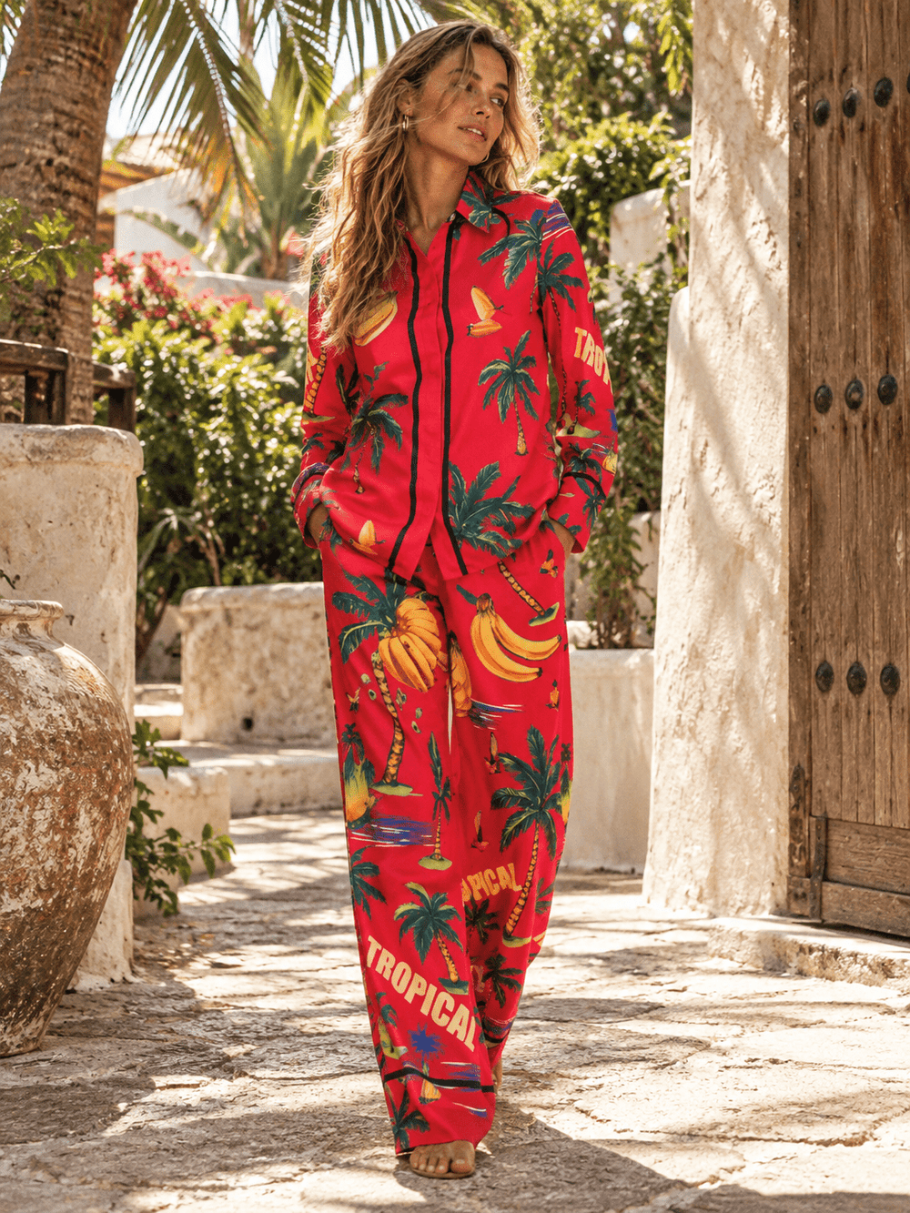 HALFHEART WOMEN'S LONG SLEEVE BUTTON UP TOP & ELASTIC WAIST WIDE LEG PANTS MULTI PRINT 2PC. SET