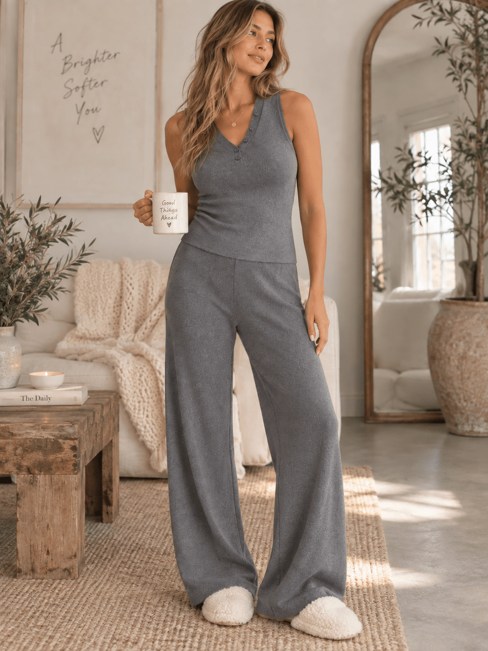 WOMEN'S SLEEVELESS TANK TOP & ELASTIC WAIST WIDE LEG PANTS RIBBED 2PC. SET