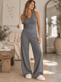 WOMEN'S SLEEVELESS TANK TOP & ELASTIC WAIST WIDE LEG PANTS RIBBED 2PC. SET