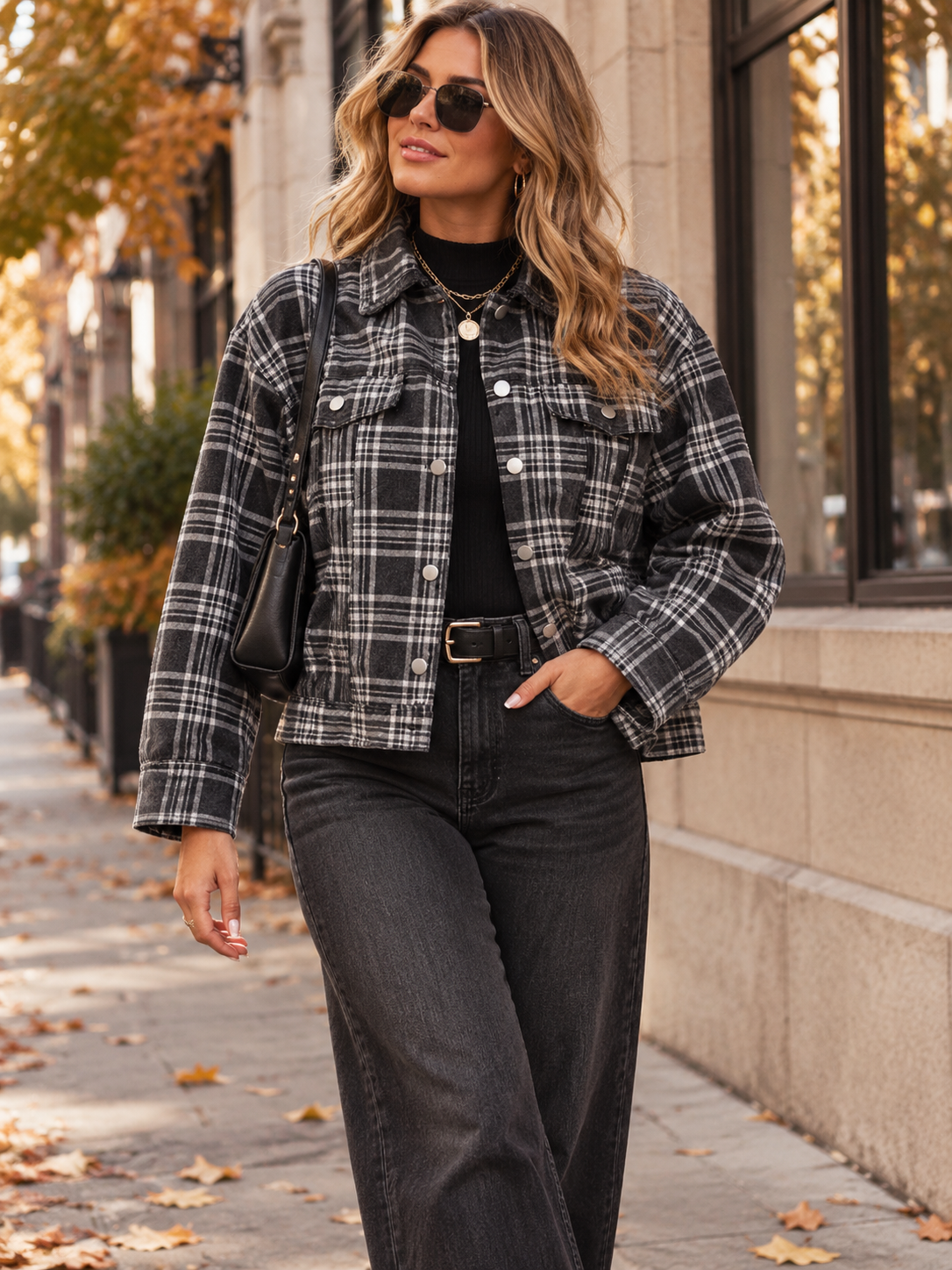 WOMEN'S LONG SLEEVE BUTTON CLOSURE FRONT POCKETS DENIM PLAID JACKET