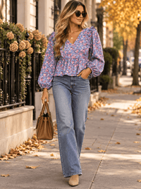 ENTRO WOMEN'S LONG SLEEVE V-NECK FLORAL PRINT BLOUSE