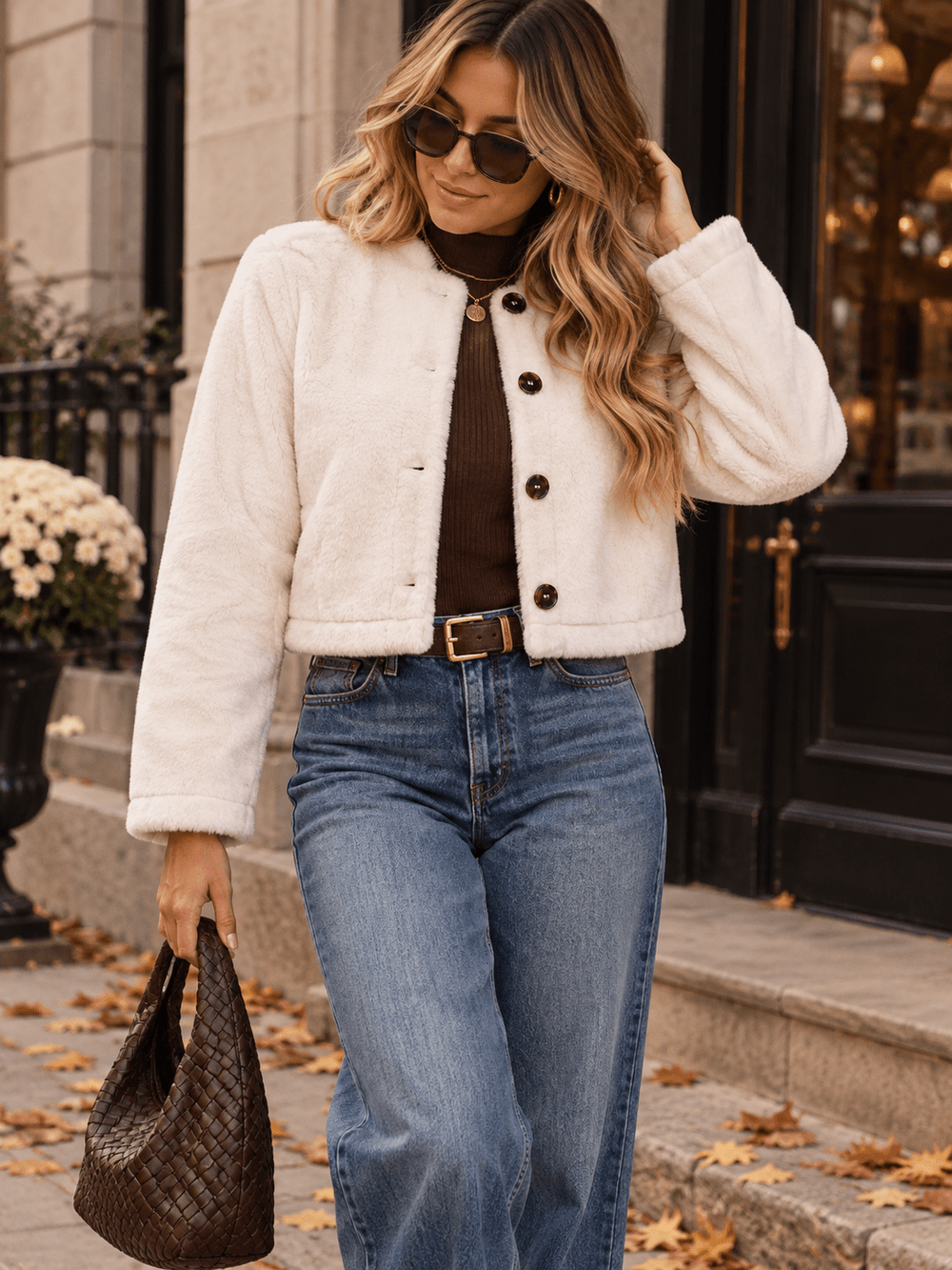 WOMEN'S LONG SLEEVE BUTTON CLOSURE FUZZY JACKET