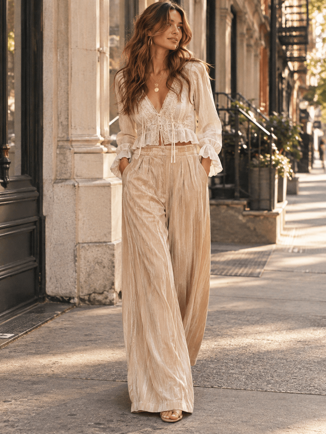 WOMEN'S BUTTON CLOSURE FRONT POCKETS WIDE LEG PANTS