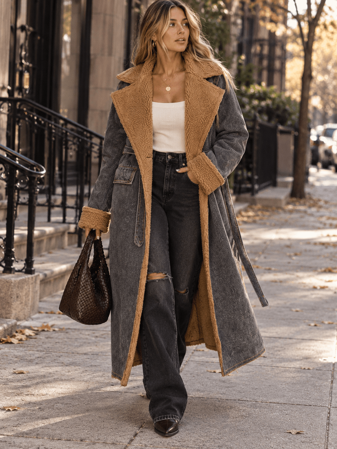 WOMEN'S LONG SLEEVE SELF TIE FRONT POCKET DENIM WASHED SHERPA CONTRAST COAT