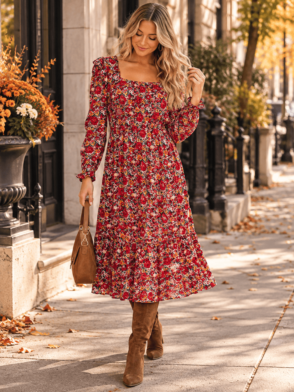 WOMEN'S LONG SLEEVE SQUARE NECK FRONT POCKETS FLORAL PRINT MIDI DRESS