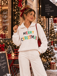 WOMEN'S LONG SLEEVE ZIP UP MERRY CHRISTMAS SHERPA PULLOVER SWEATER
