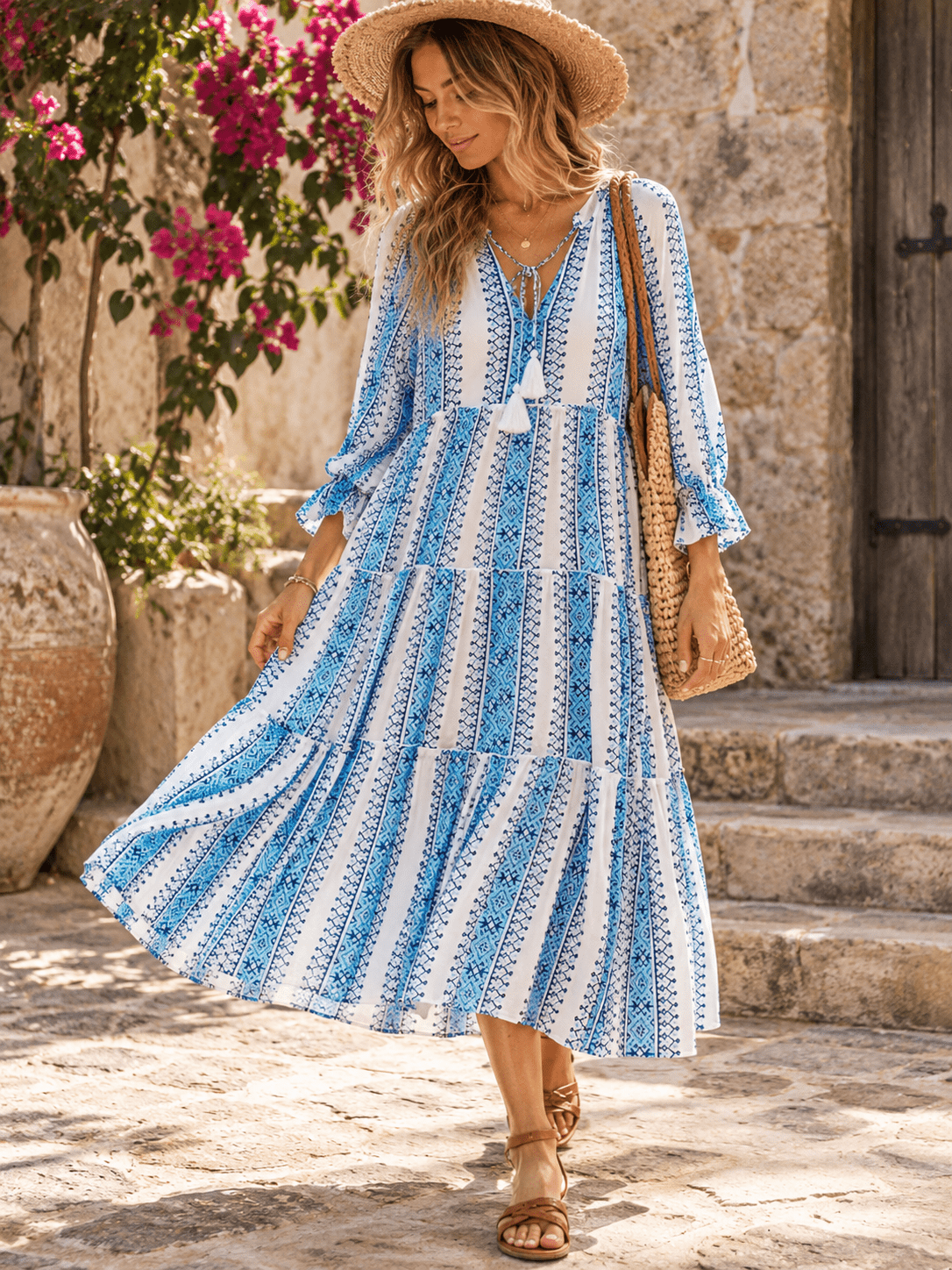WOMEN'S 3/4 SLEEVES V-NECK TIERED MULTI PRINT MAXI DRESS