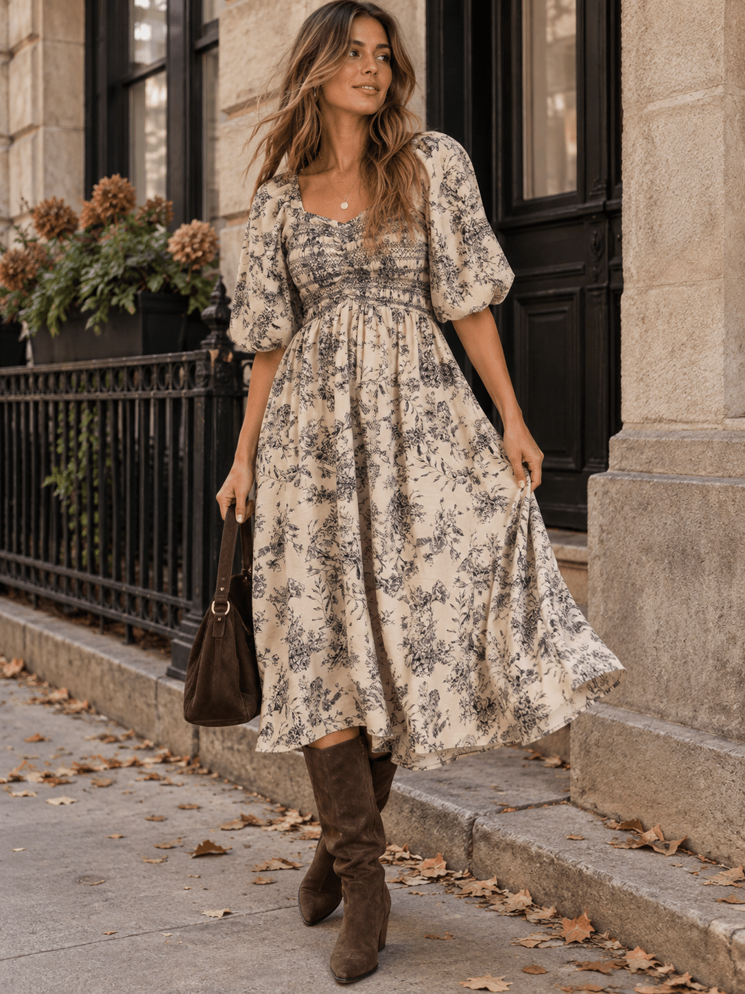 WOMEN'S SHORT PUFF SLEEVE SMOCK FRONT POCKETS FLORAL PRINT MIDI DRESS