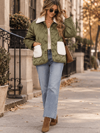 WOMEN'S LONG SLEEVE BUTTON CLOSURE FRONT POCKETS PUFFER SHERPA CONTRAST JACKET