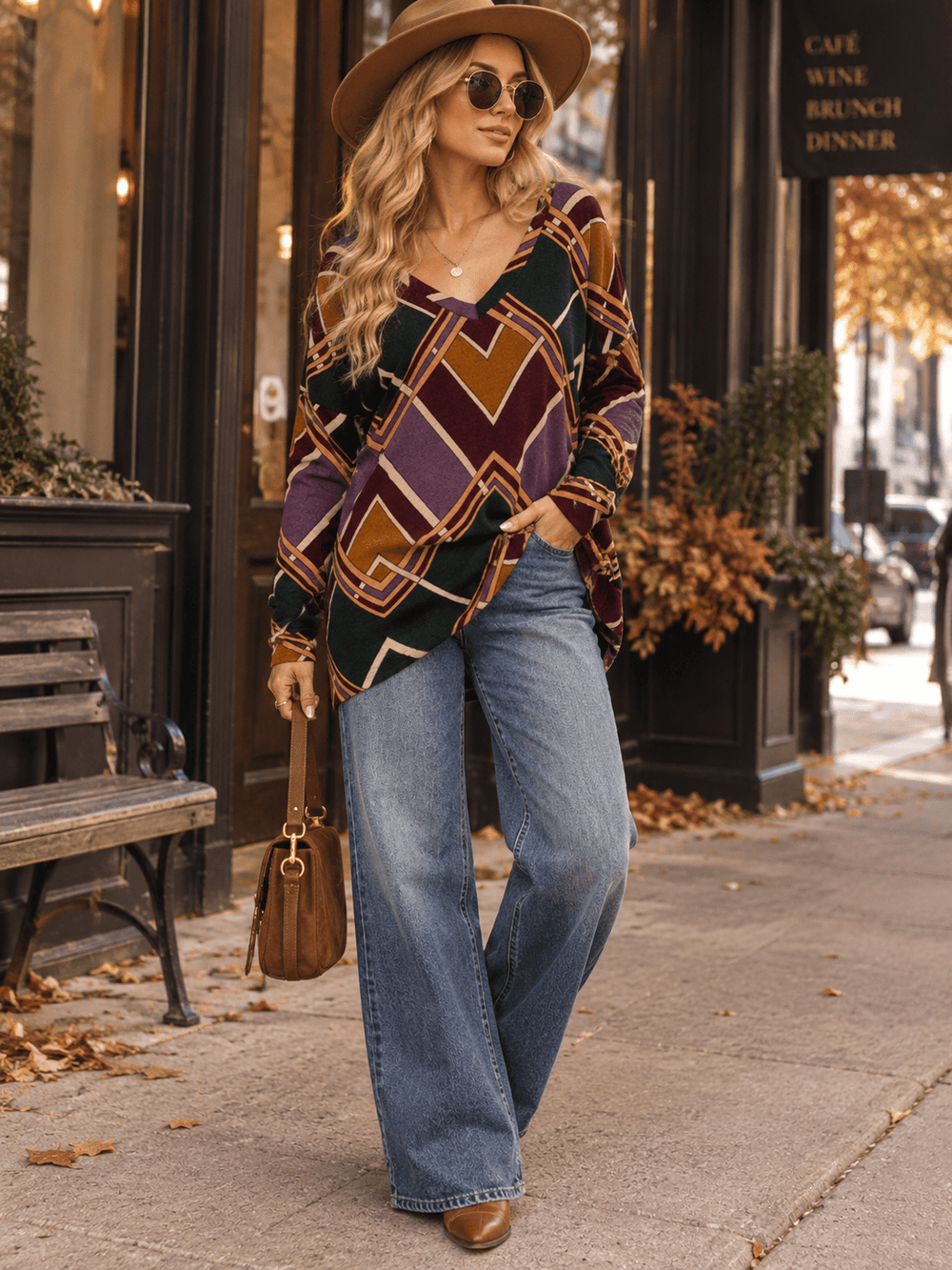 WOMEN'S LONG SLEEVE V-NECK MULTI PRINT TOP
