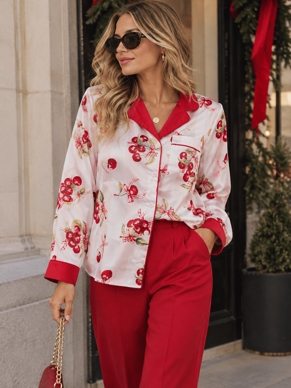 WOMEN'S LONG SLEEVE BUTTON UP FRONT POCKET HOLIDAY PRINT BLOUSE