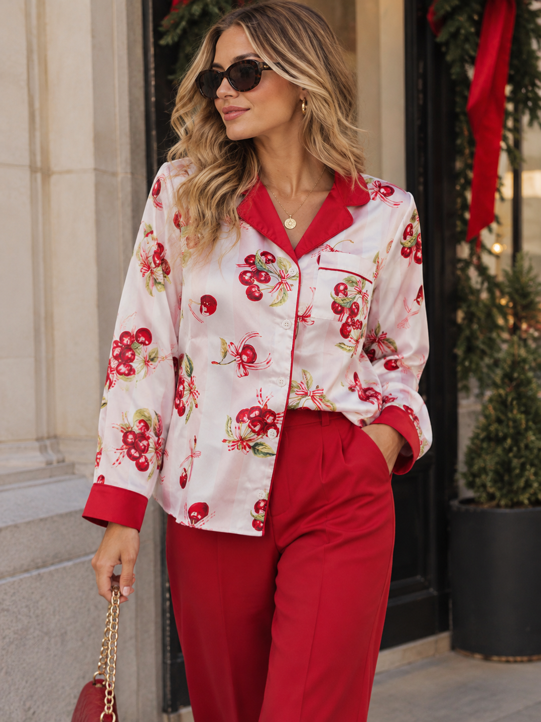 WOMEN'S LONG SLEEVE BUTTON UP FRONT POCKET HOLIDAY PRINT BLOUSE