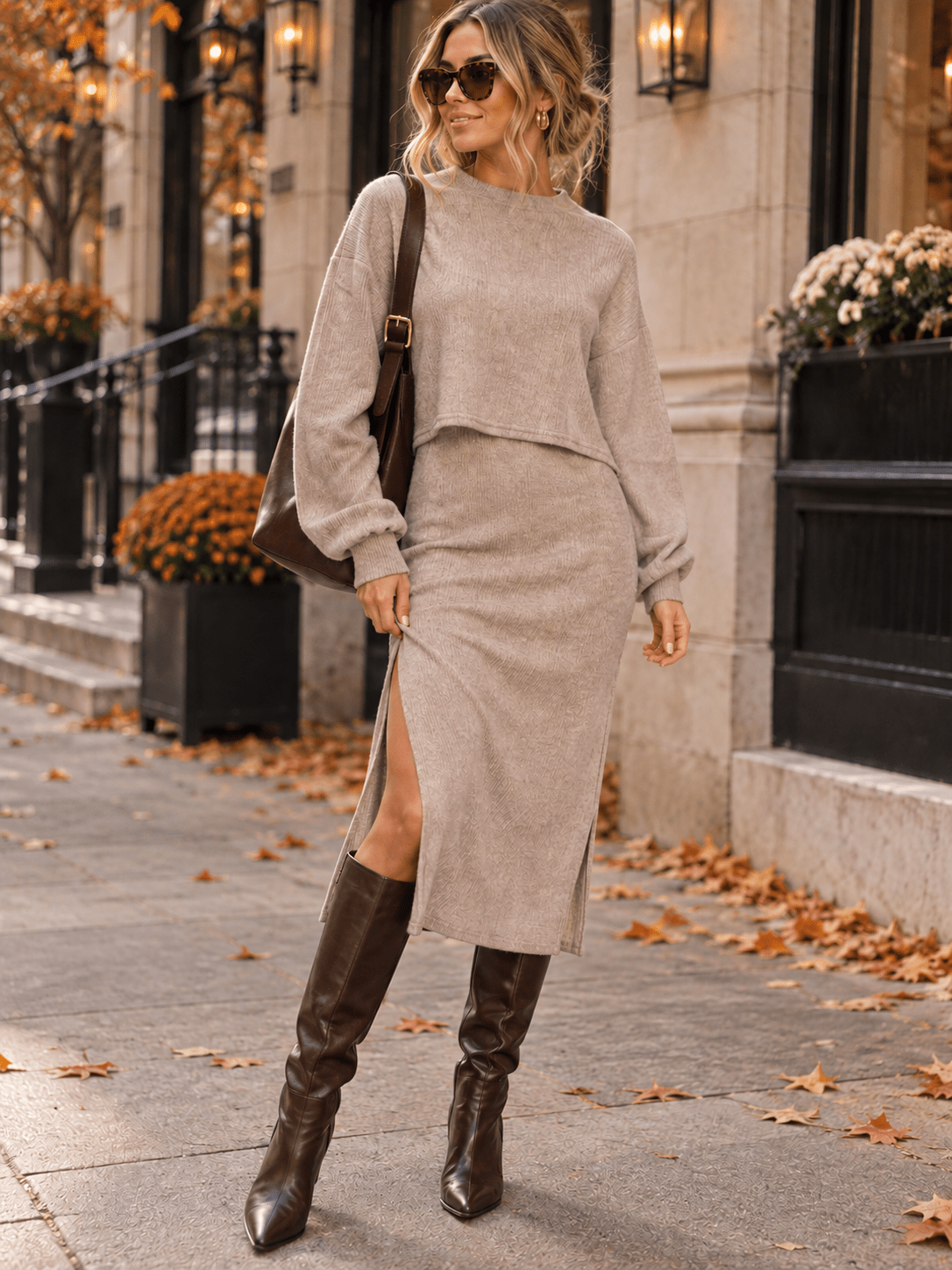 WOMEN'S LONG SLEEVE PULLOVER SWEATER & SLEEVELESS BODYCON MINI DRESS 2PC.SET