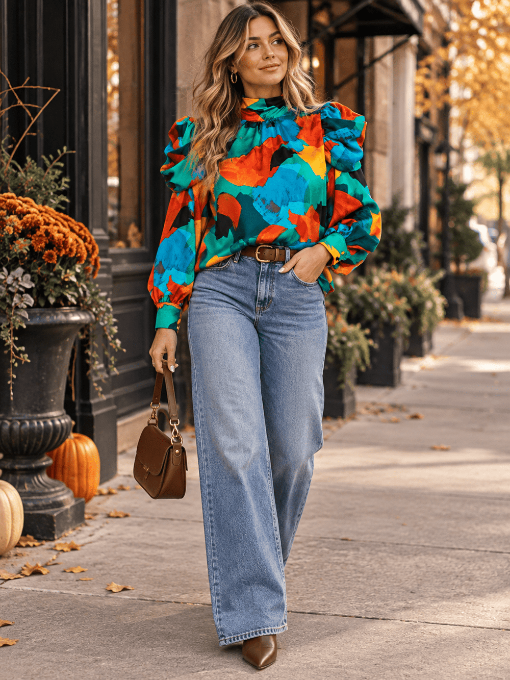 WOMEN'S LONG PUFF SLEEVE MOCK NECK MULTI PRINT BLOUSE