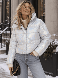 WOMEN'S LONG SLEEVE ZIP UP FRONT POCKETS PUFFER HOODED JACKET
