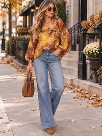 ENTRO WOMEN'S LONG SLEEVE V-NECK FLORAL PRINT BLOUSE