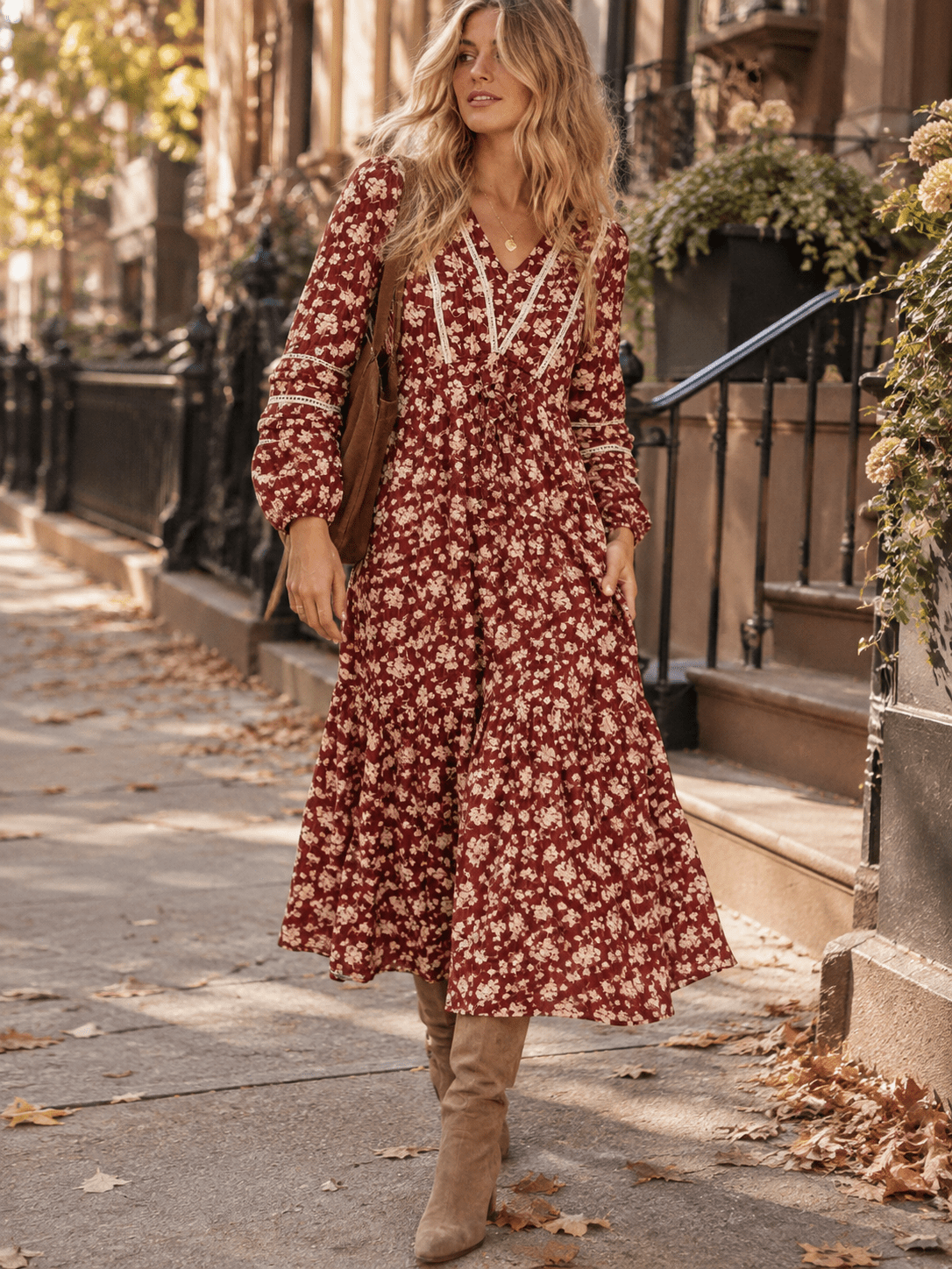 WOMEN'S LONG SLEEVE FRONT POCKETS V-NECK ELASTIC WAIST FLORAL PRINT MAXI DRESS