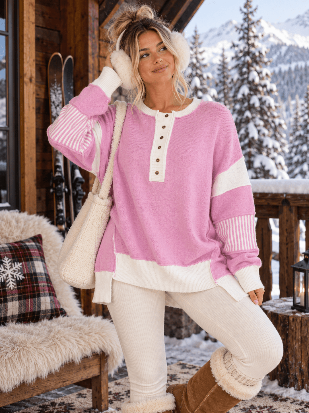 WOMEN'S LONG SLEEVE BUTTON CLOSURE COLORBLOCK HIGH-LOW PULLOVER SWEATER