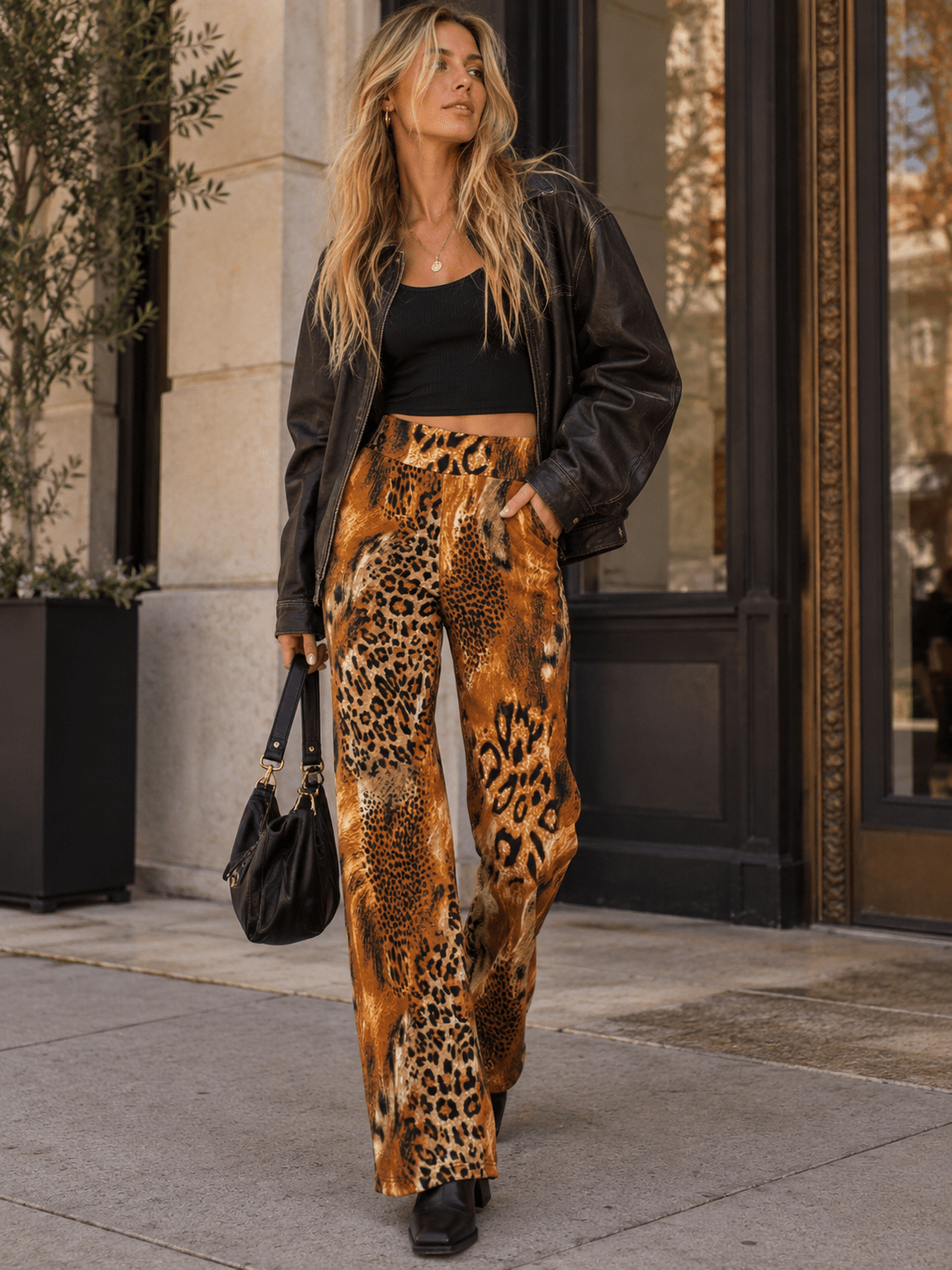 WOMEN'S ELASTIC WAIST POCKETS ANIMAL PRINT WIDE LEG PANTS