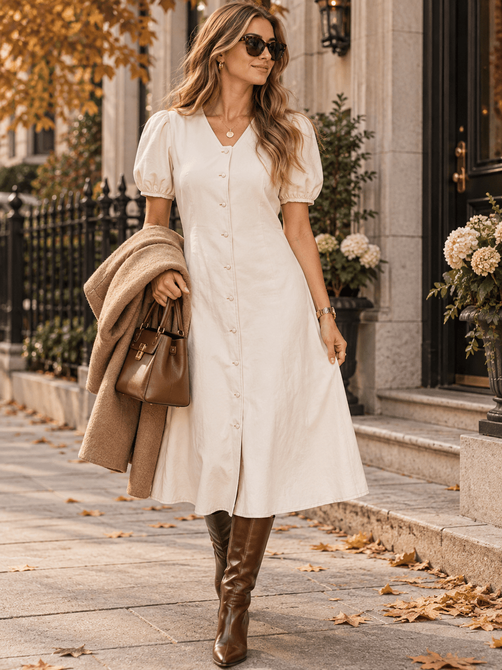 WOMEN'S SHORT SLEEVE V-NECK BUTTON UP DENIM MIDI DRESS