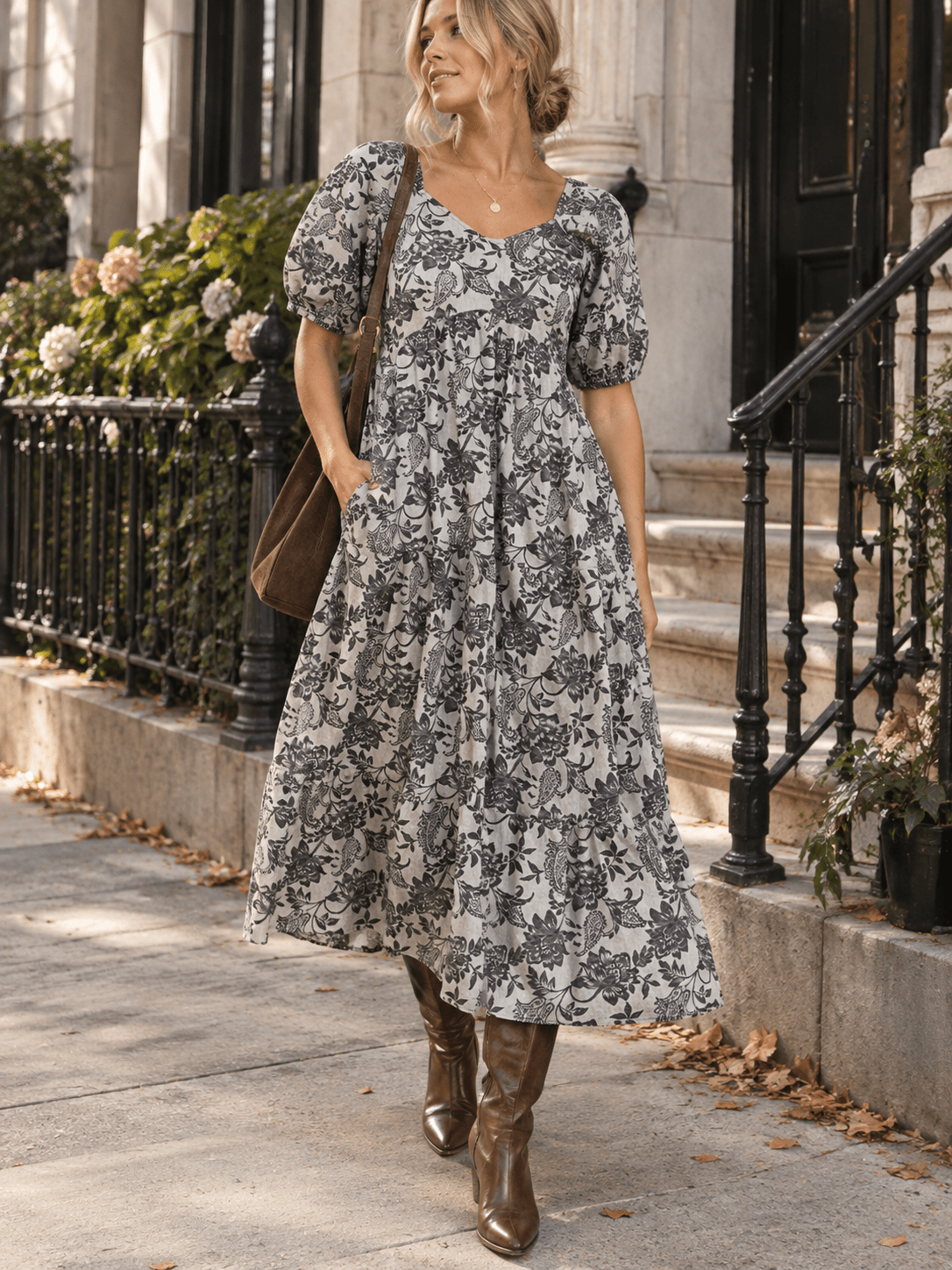 WOMEN'S SHORT PUFF SLEEVE FRONT POCKETS ELASTIC WAIST FLORAL PRINT MAXI DRESS