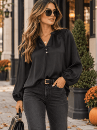 ENTRO WOMEN'S LONG SLEEVE V-NECK HIGH-LOW SOLID BLOUSE