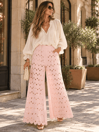 WOMEN'S ELASTIC WAIST CUT OUT PATTERN SCALLOPED HEM WIDE LEG PANTS