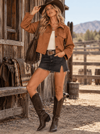 WOMEN'S LONG SLEEVE BUTTON UP FRONT POCKETS SUEDE JACKET