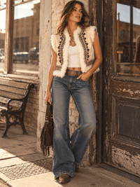 WOMEN'S SLEEVELESS FAUX FUR EMBROIDERY TRIM SUEDE VEST