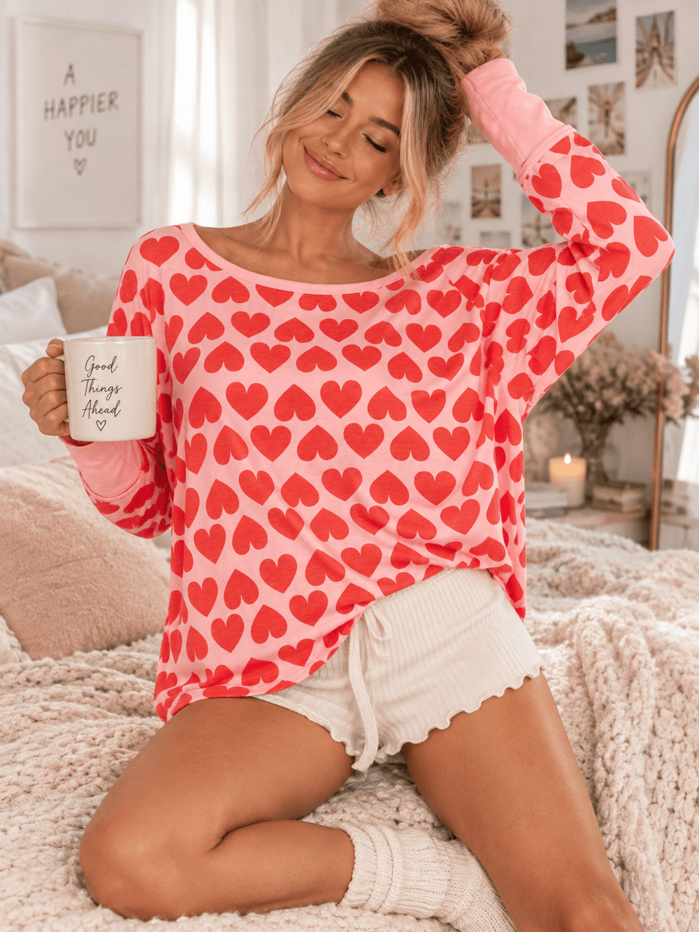 WOMEN'S LONG SLEEVE HEART PRINT TOP