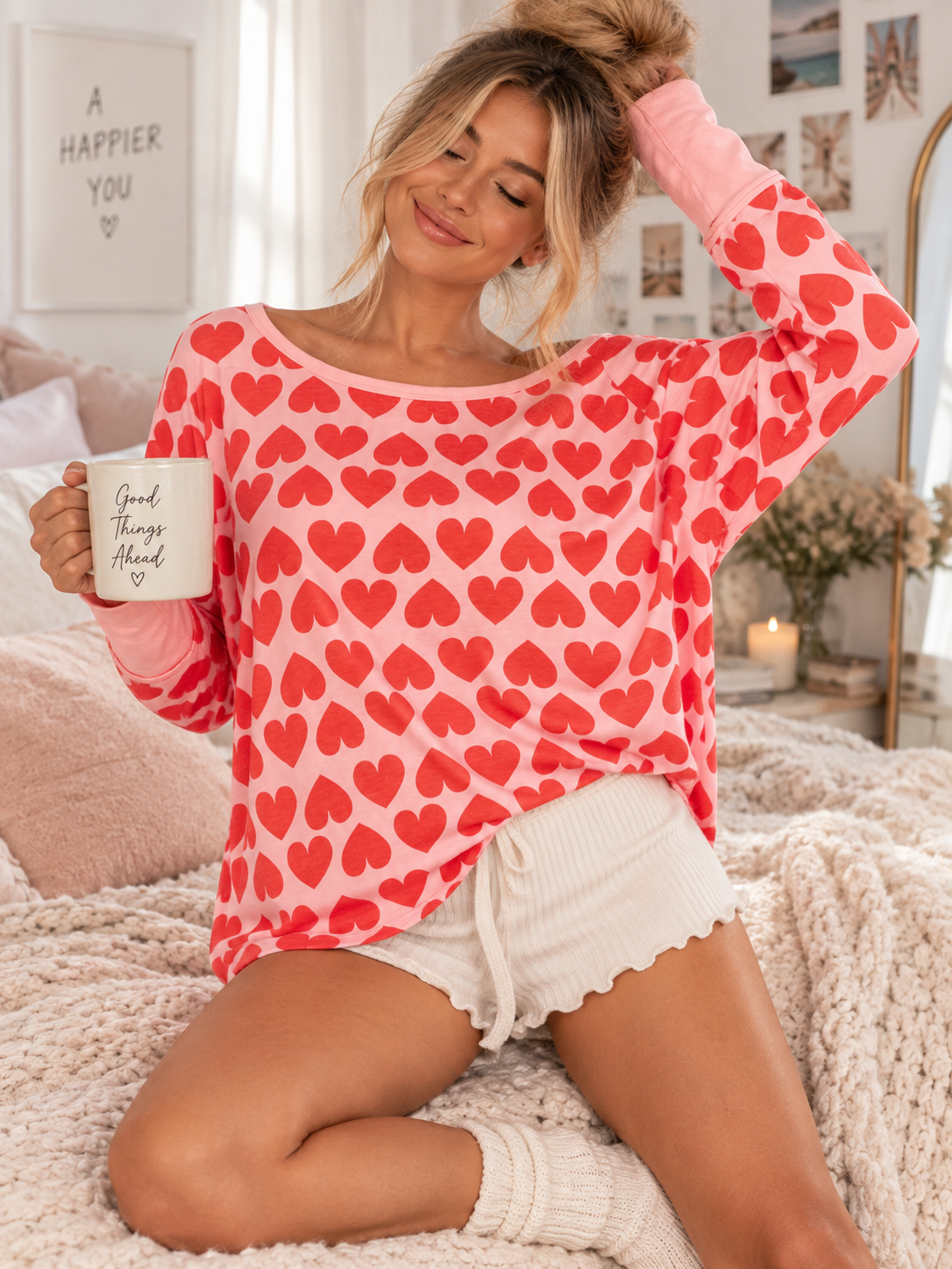 WOMEN'S LONG SLEEVE HEART PRINT TOP