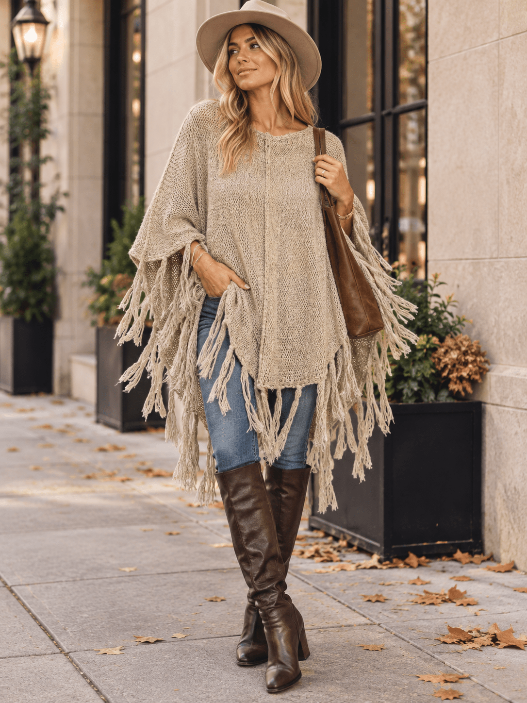 WOMEN'S TRIM FRINGE DETAILED PULLOVER PONCHO