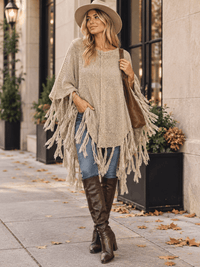 WOMEN'S TRIM FRINGE DETAILED PULLOVER PONCHO