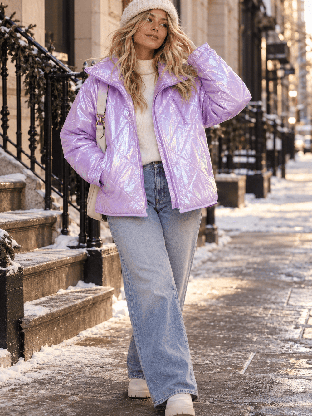 WOMEN'S LONG SLEEVE ZIP UP FRONT POCKETS PUFFER METALLIC JACKET