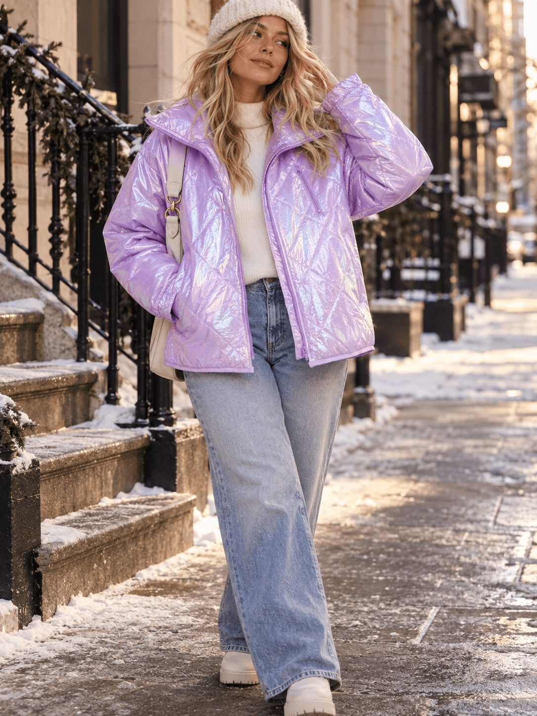 WOMEN'S LONG SLEEVE ZIP UP FRONT POCKETS PUFFER METALLIC JACKET