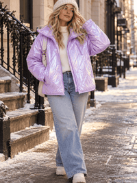 WOMEN'S LONG SLEEVE ZIP UP FRONT POCKETS PUFFER METALLIC JACKET