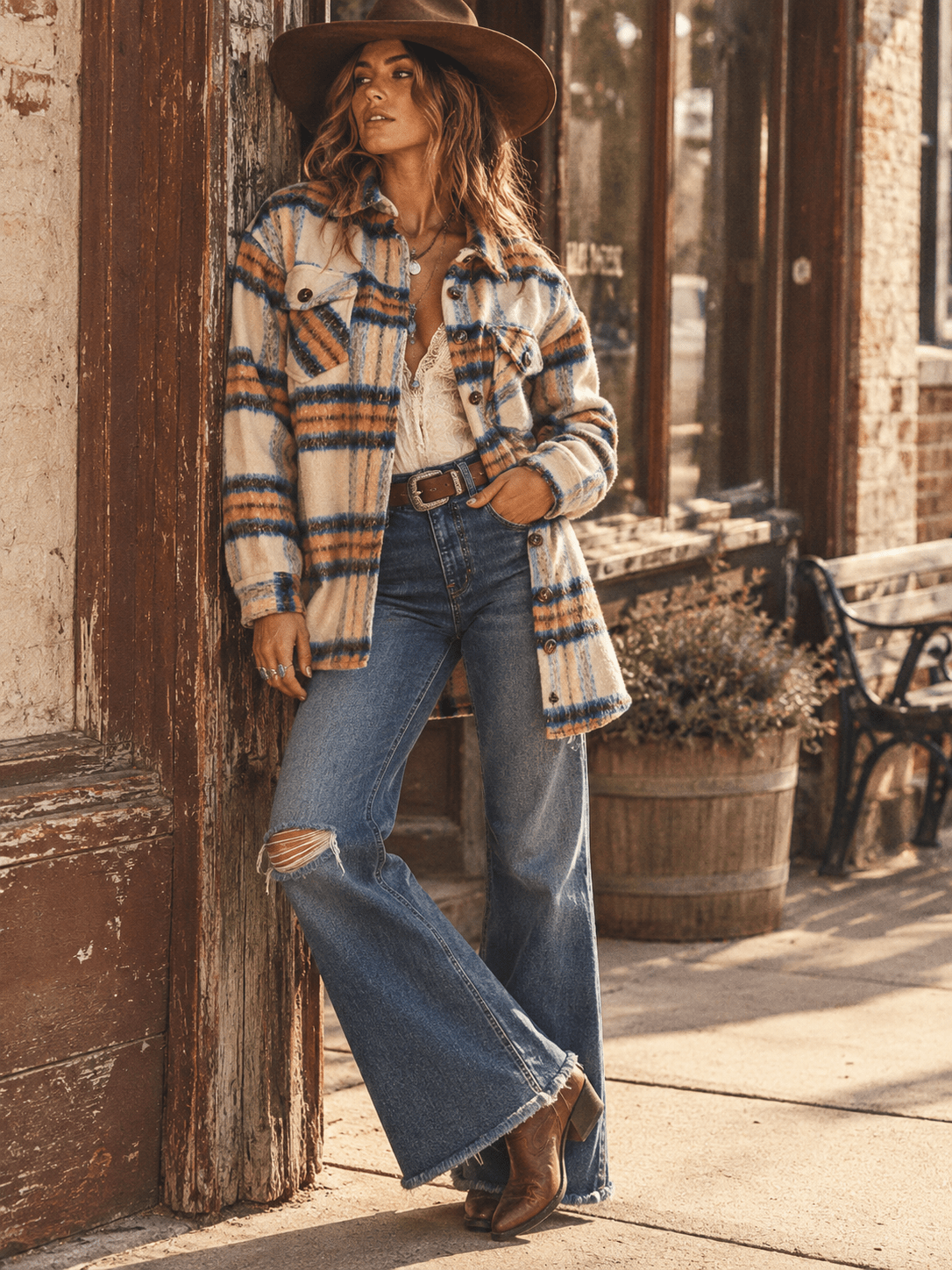 WOMEN'S LONG SLEEVE BUTTON CLOSURE FRONT POCKETS PLAID JACKET