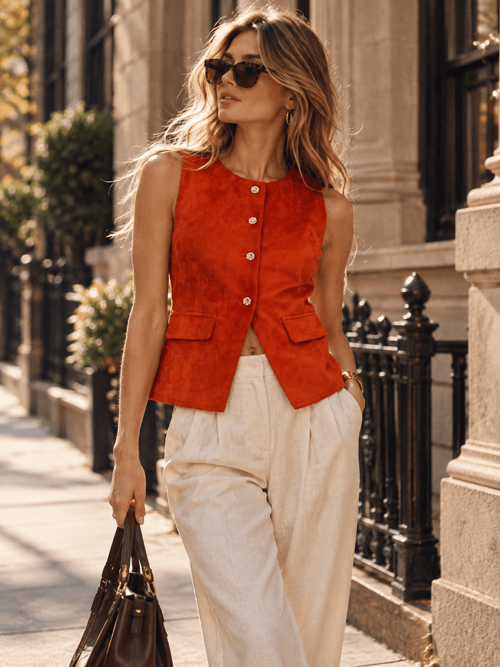 WOMEN'S SLEEVELESS BUTTON UP SEUDE CONTRAST TOP