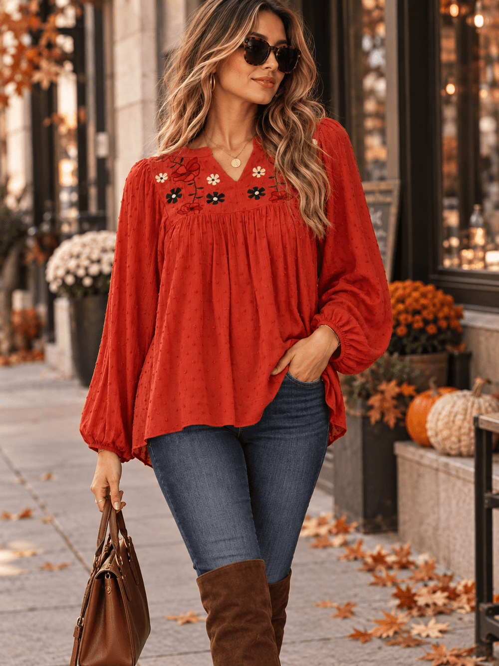 WOMEN'S LONG SLEEVE V-NECK FLORAL EMBROIDERY BLOUSE